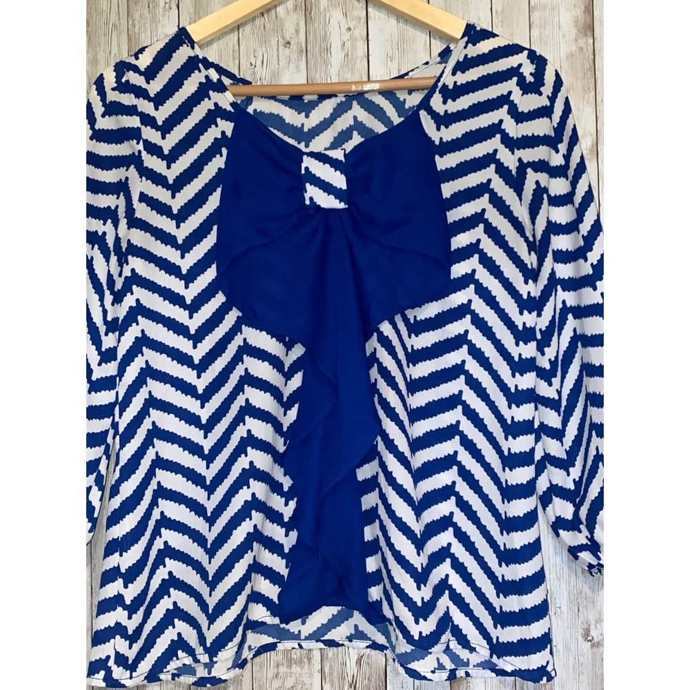 Women's My Michelle Blue & White Chevron Blouse with Large Bow Size Small